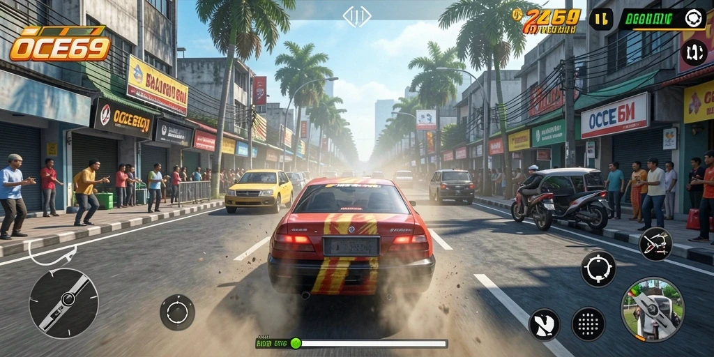 Screenshot gameplay OCE69 menampilkan aksi balapan yang mendebarkan.